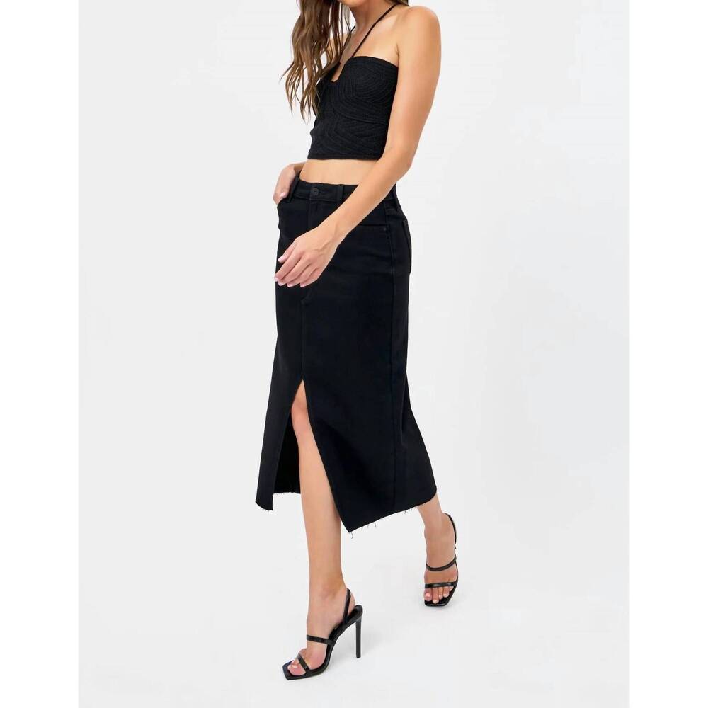 NEW HIDDEN peyton high rise midi denim skirt in black